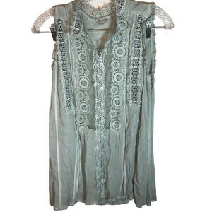POL Women’s sleeveless lace button front top size S sage green sheer front panel